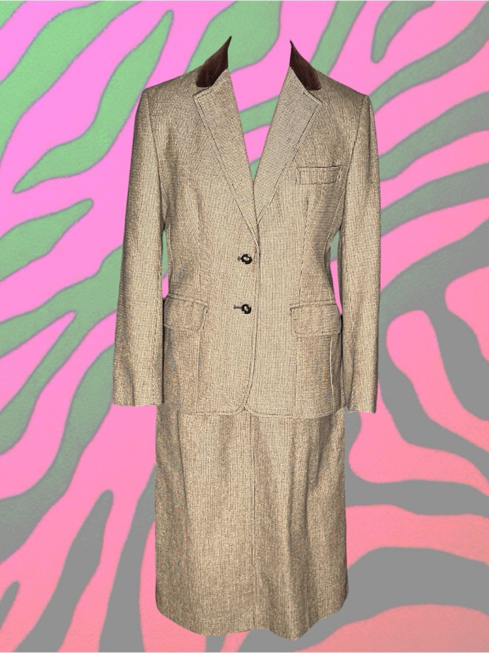 Womens Beige Two-Piece Skirt Suit Jacket and Skirt